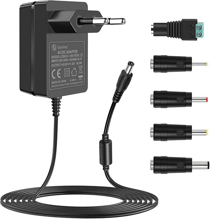 Gonine 18 V síťový zdroj adaptér, 18 voltů 1 A nabíječka s 5 vyměnitelnými konektory pro 18 voltů 1 A 0,9 A 0,8 A 0,7 A 0,6 A 0,5 A 0,4 A 0,3 A 0,2 A 0,1 A vybavení