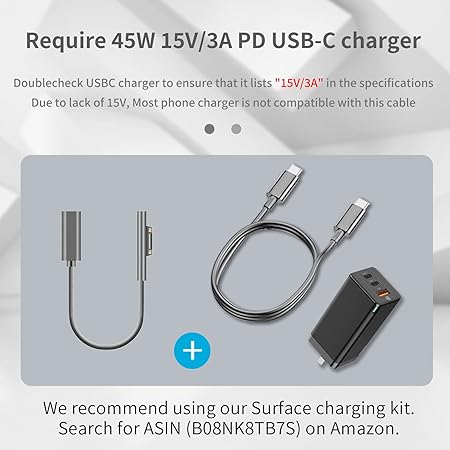 Sisyphy Surface na USB C nabíjecí kabel (samice USB-C, 20 cm), kompatibilní s Microsoft Surface Pro 7/6/5/4/3 GB/2/1 Laptop4/3/2/1, potřebuje nabíječku USB-C s 45 W, 15 V/3 A