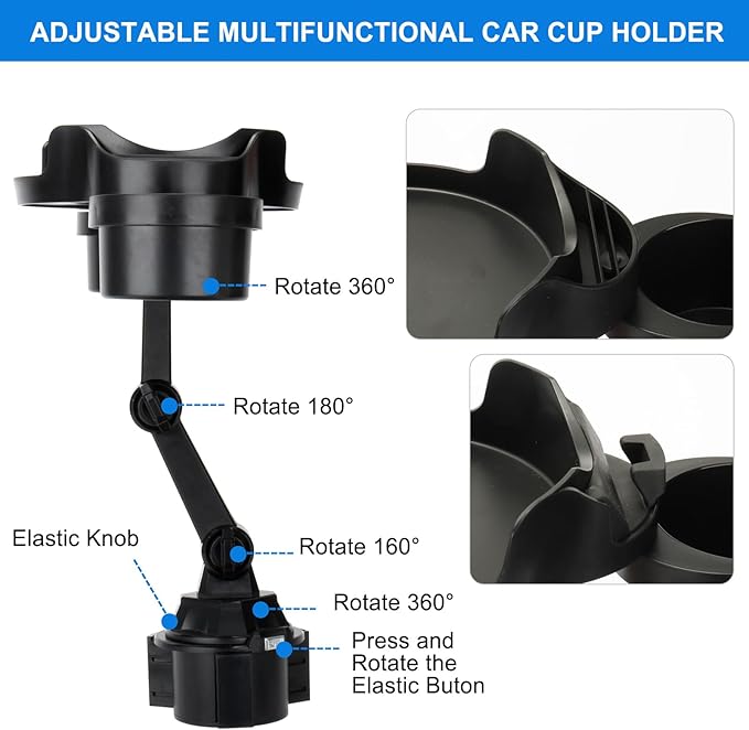 Držák nápojů Auto, držák poháru Auto se stolním podnosem, 3 v 1 Cup Holder Car 360° otočný nástavec Dual Cup Holder Tray stůl se slotem na telefon pro lahve na vodu nápoj Snack