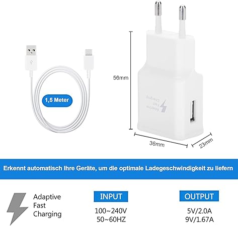 KAIMENGLONG 2er-Pack adaptives Schnellladegerät, Schnellladegerät, Netzteil mit 1,5 m USB-Typ-C-Ladekabel für Samsung Galaxy S21, S20, S10, S10e, S9, S8, A72, A52, M40, Note 8/9/10, Google Pixel XL