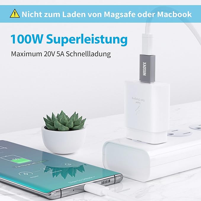 [10 Gbit/s] USB konektor na USB-C zdířku (balení 2 ks), adaptér 3,1 USB-A na USB-C, XAOSUN SuperSpeed Data Sync a 100W rychlé nabíjení – kompatibilní s iPhone 15 Pro Max, laptop, PC, nabíječka,