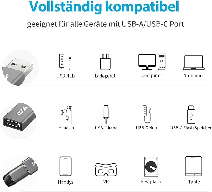 [10 Gbit/s] USB konektor na USB-C zdířku (balení 2 ks), adaptér 3,1 USB-A na USB-C, XAOSUN SuperSpeed Data Sync a 100W rychlé nabíjení – kompatibilní s iPhone 15 Pro Max, laptop, PC, nabíječka,