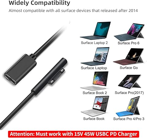 Sisyphy Surface na USB C nabíjecí kabel (samice USB-C, 20 cm), kompatibilní s Microsoft Surface Pro 7/6/5/4/3 GB/2/1 Laptop4/3/2/1, potřebuje nabíječku USB-C s 45 W, 15 V/3 A