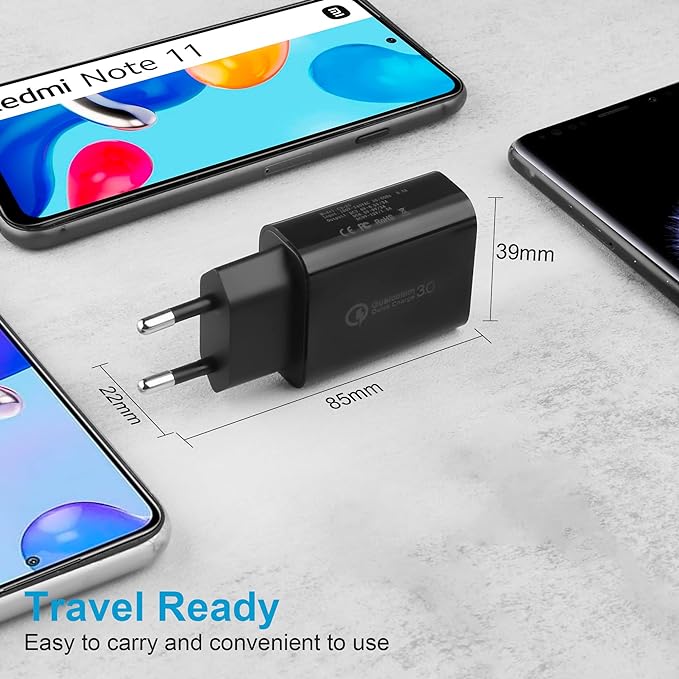 USB nabíječka, 18W Quick Charge 3.0 rychlonabíječka USB síťový zdroj kompatibilní se Samsung Galaxy S22 S21 S20 FE S10 S9 S8 S7 A13 A71 A51, iPhone 11 12 13 14 15 Pro X 8 7, Huawei, Xiaomi (2 kusy)