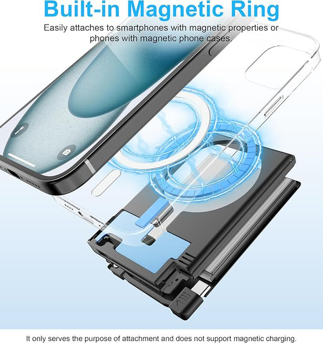 Auskang Powerbanka 5000 mAh s integrovaným USB C kabelem a magnetickým kroužkem, slim externí baterie, malá, ale silně externí baterie, kompatibilní se Samsung, Sony a iPhone 15, atd. No-Wireless