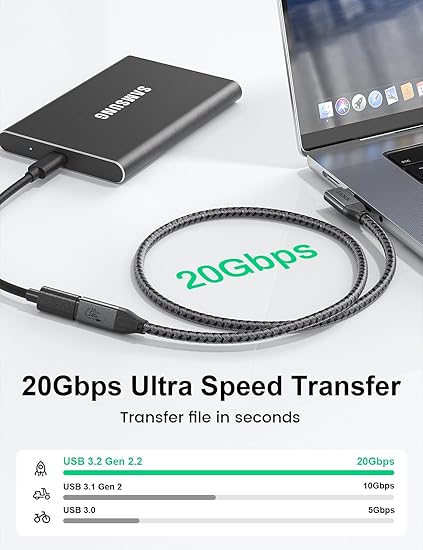 XAOSUN USB C 3.2 Extension 0.5m 20Gbps 90 Degree USB-C 3. 2 Gen 2 Extension [4K@60Hz/240W] Združljiv z USB-C Hub Switch Macbook/ipad pro SSD