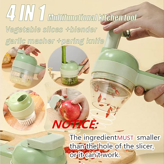 4-in-1 elektrisches Gemüseschneider-Set, Gemüseschneider, Multifunktionsschneider, Küchenmaschine, Mixer, Universal-Zerkleinerer für Gemüse, Obst, Nüsse, Knoblauch, Babynahrung mit USB-Aufladung