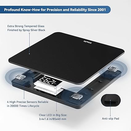 Vitafit Digitale Personenwaage für Personen, Gewichtsprofi seit 2001, Waage mit hellem LED-Display und Step-On, 180 kg, inkl. Batterie, silberne und schwarze Sprays