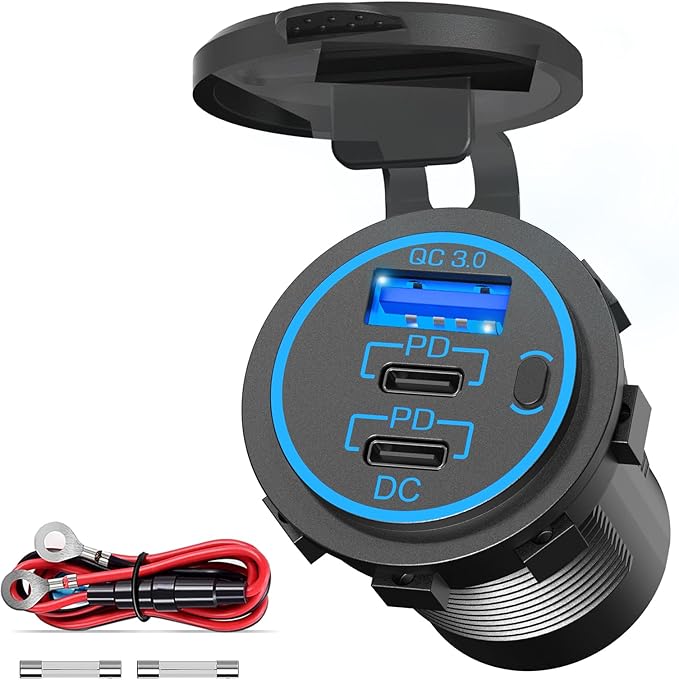 96 W PD 3.0 USB C zásuvka 12 V Montáž: Duální typ C USB zásuvka vodotěsná 12 V KFZ adaptér do zapalovače s vypínačem pro obytný vůz, auto, motocykl, loď, nákladní vůz, karavan