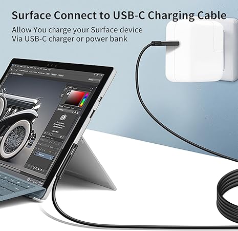 Sisyphy Nylonový opletený nabíjecí kabel pro Microsoft Surface Pro 7/6/5/4/3 Go3/2/1 notebook 4/3/2/1, musí být s USB-C nabíječkou 45W 15V 3A (černý, 1,8m)