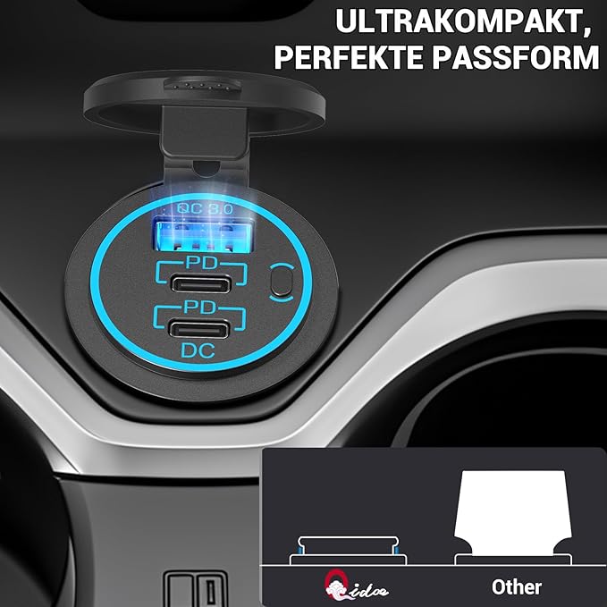 96 W PD 3.0 USB C zásuvka 12 V Montáž: Duální typ C USB zásuvka vodotěsná 12 V KFZ adaptér do zapalovače s vypínačem pro obytný vůz, auto, motocykl, loď, nákladní vůz, karavan