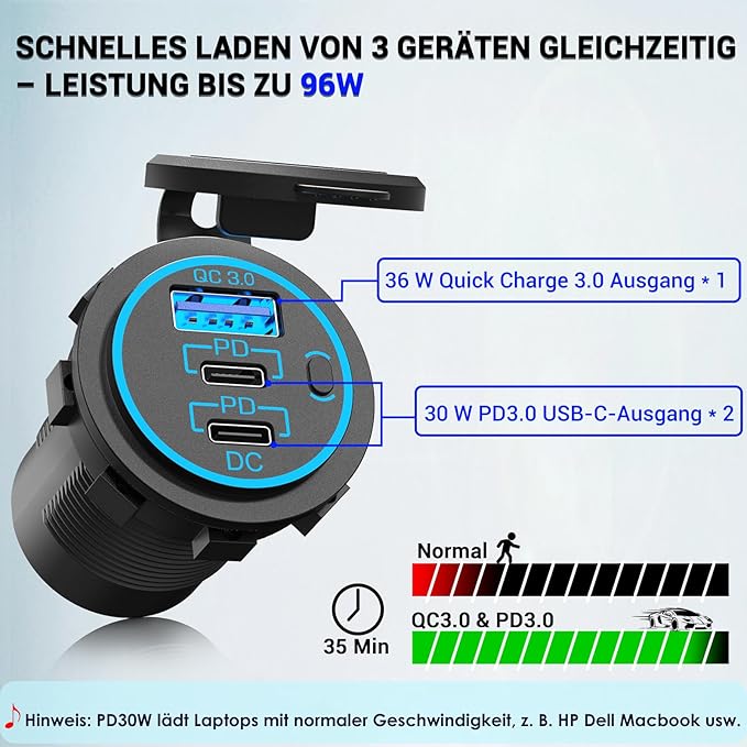 96 W PD 3.0 USB C zásuvka 12 V Montáž: Duální typ C USB zásuvka vodotěsná 12 V KFZ adaptér do zapalovače s vypínačem pro obytný vůz, auto, motocykl, loď, nákladní vůz, karavan