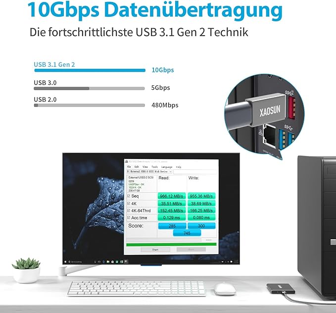 [10 Gbit/s] USB konektor na USB-C zdířku (balení 2 ks), adaptér 3,1 USB-A na USB-C, XAOSUN SuperSpeed Data Sync a 100W rychlé nabíjení – kompatibilní s iPhone 15 Pro Max, laptop, PC, nabíječka,