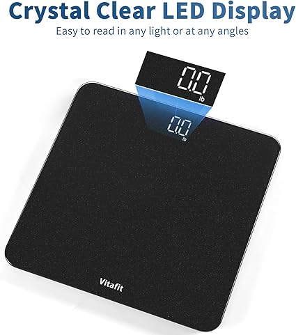 Vitafit Digitale Personenwaage für Personen, Gewichtsprofi seit 2001, Waage mit hellem LED-Display und Step-On, 180 kg, inkl. Batterie, silberne und schwarze Sprays