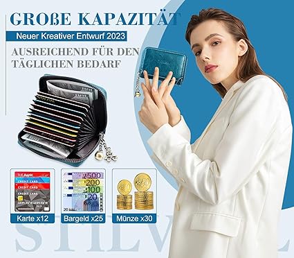 DOMIPHIE Dámská peněženka s RFID ochranou proti krádeži, prémiová peněženka dámská ochrana přihrádky na karty s mnoha přihrádkami, Ka Blau01, Retro a moderní