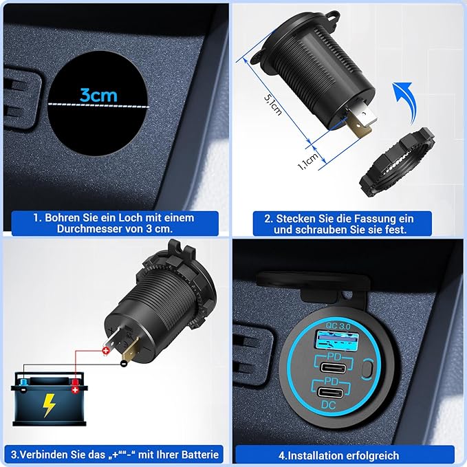 96 W PD 3.0 USB C zásuvka 12 V Montáž: Duální typ C USB zásuvka vodotěsná 12 V KFZ adaptér do zapalovače s vypínačem pro obytný vůz, auto, motocykl, loď, nákladní vůz, karavan