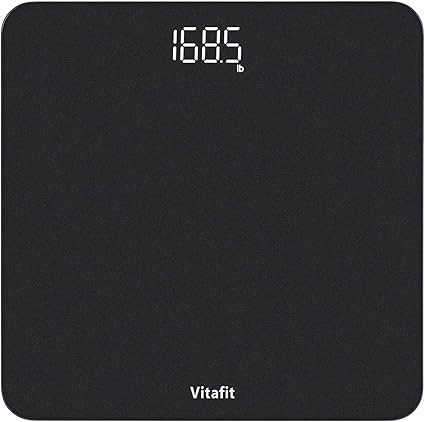 Vitafit Digitale Personenwaage für Personen, Gewichtsprofi seit 2001, Waage mit hellem LED-Display und Step-On, 180 kg, inkl. Batterie, silberne und schwarze Sprays