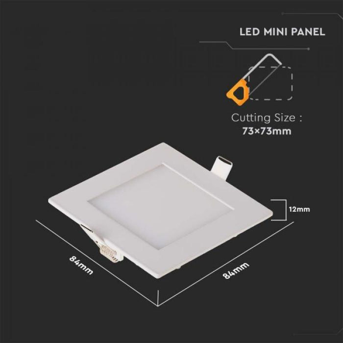 LED-Einbaupanel / SMD-Chip / Weißes Gehäuse / 3W / 130lm / 120° / Neutralweiß 4000K / 84x84 mm