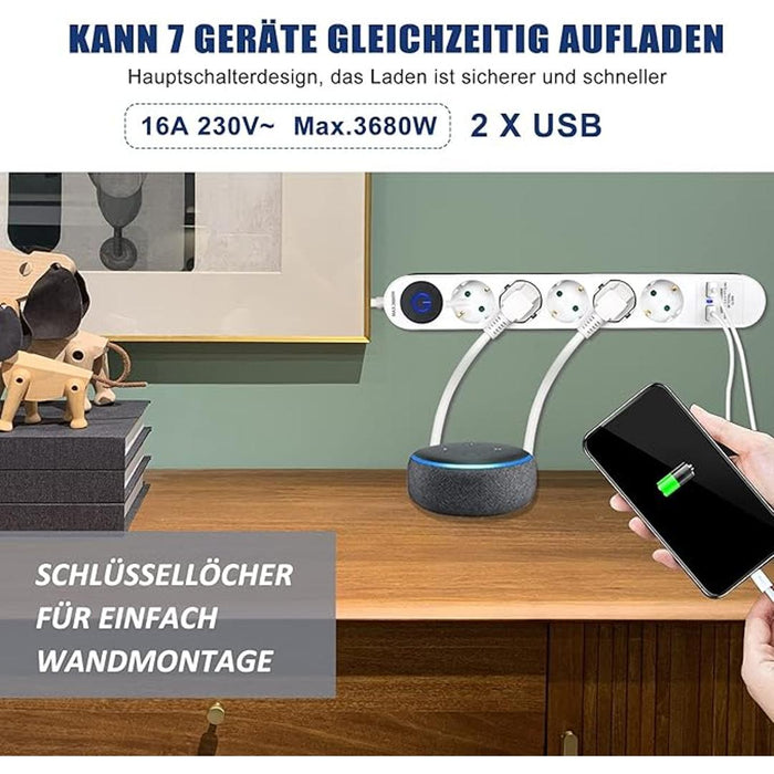 5cestný napájecí pásek 2 USB (5V/2,4A) dětský zámek, 3680 W, 16A/230V, kabel 1,4m